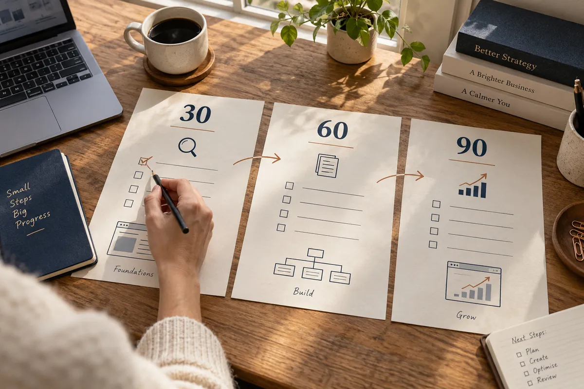 Three planning sheets marked 30, 60, and 90 days with search, content, and measurement illustrations on a desk.