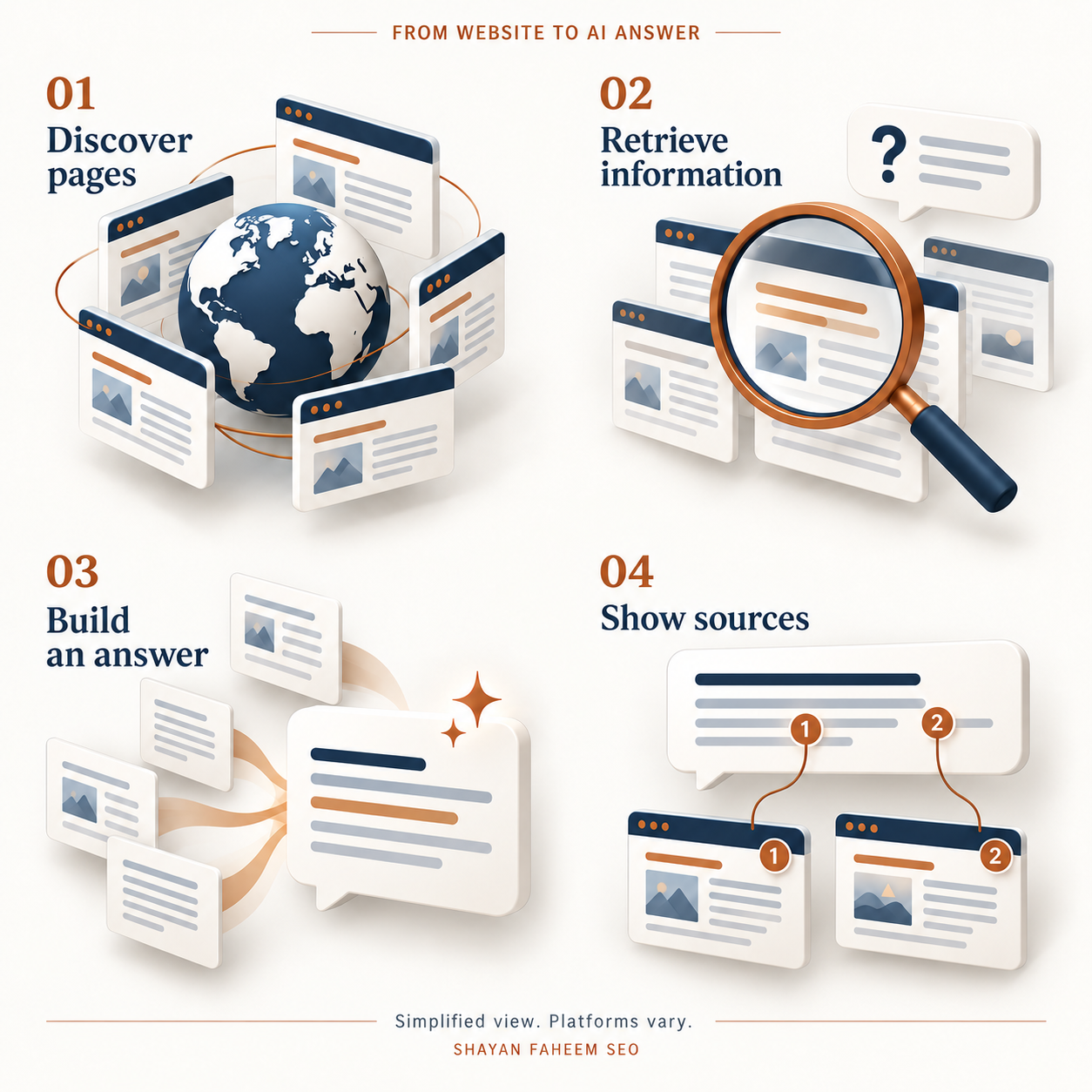 Four illustrated stages: discover website pages, retrieve relevant information, build an answer, and show linked sources.
