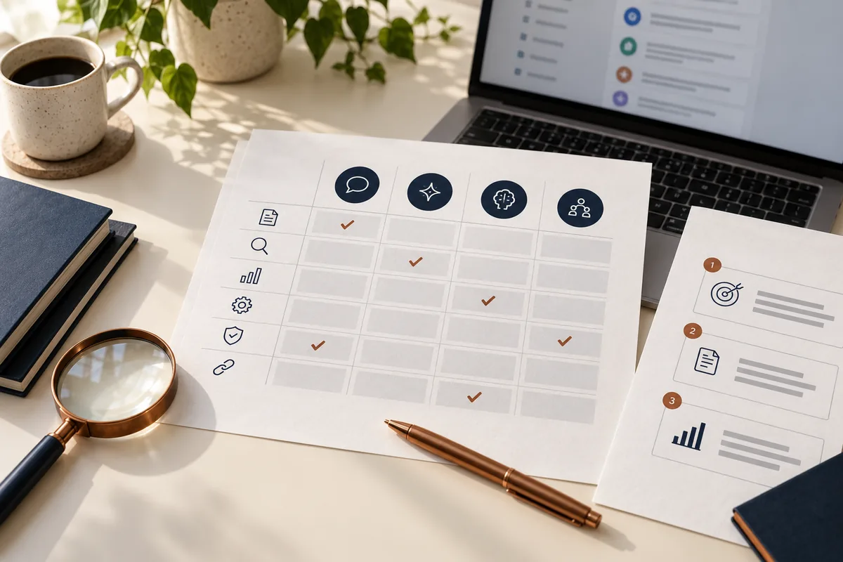 AI visibility audit comparison grid and prioritized action cards beside a laptop and magnifying glass.