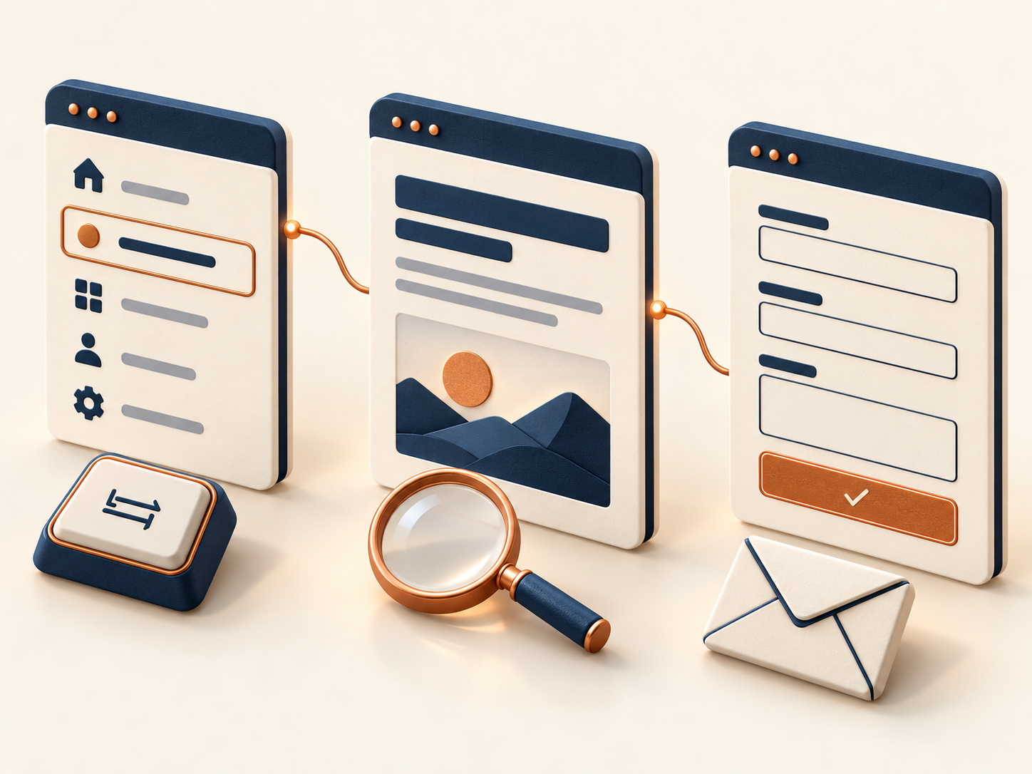 Illustration of the journey from website navigation to service information and an inquiry form