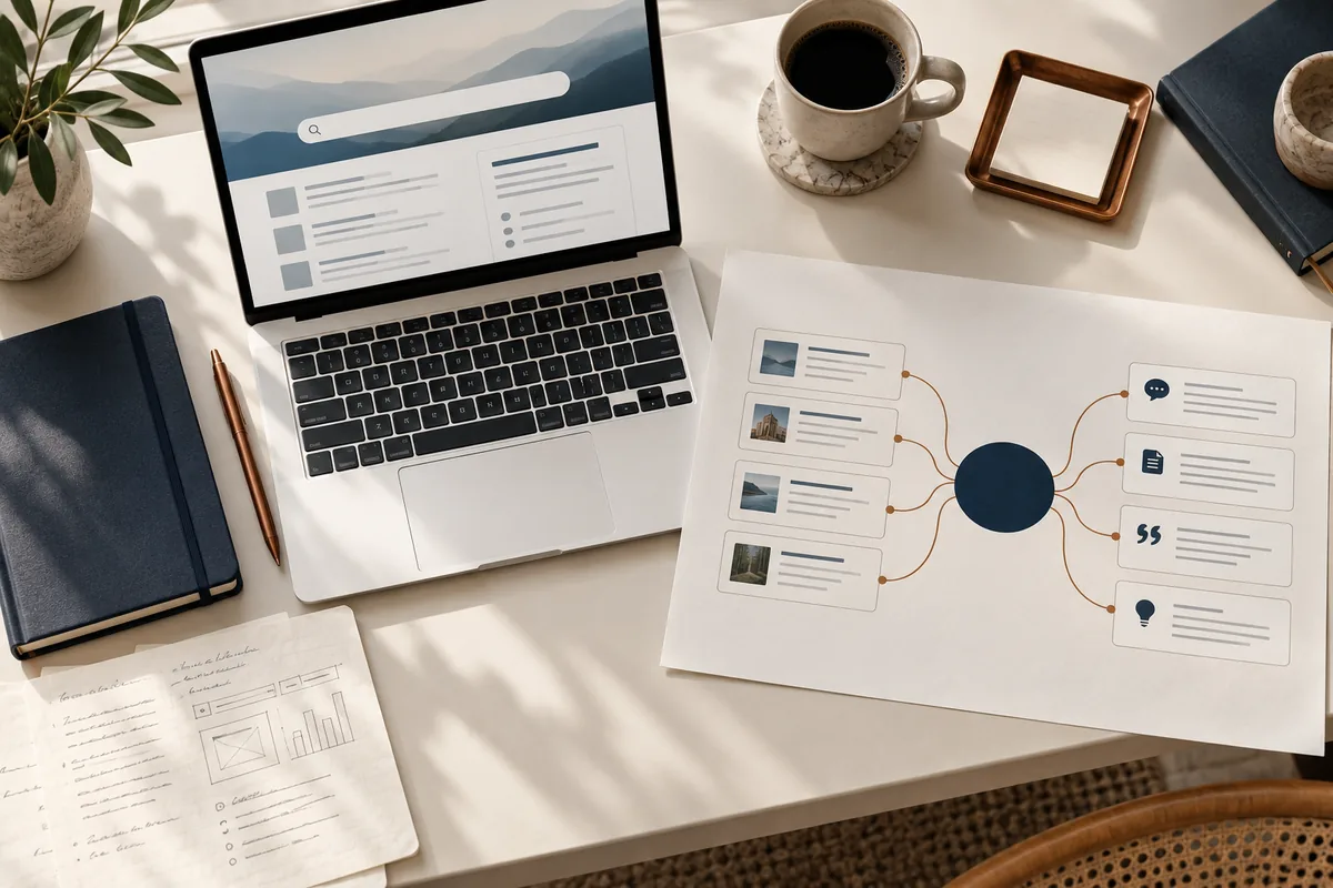 Laptop and printed diagram connecting search results with AI answer cards on a consultant’s desk.