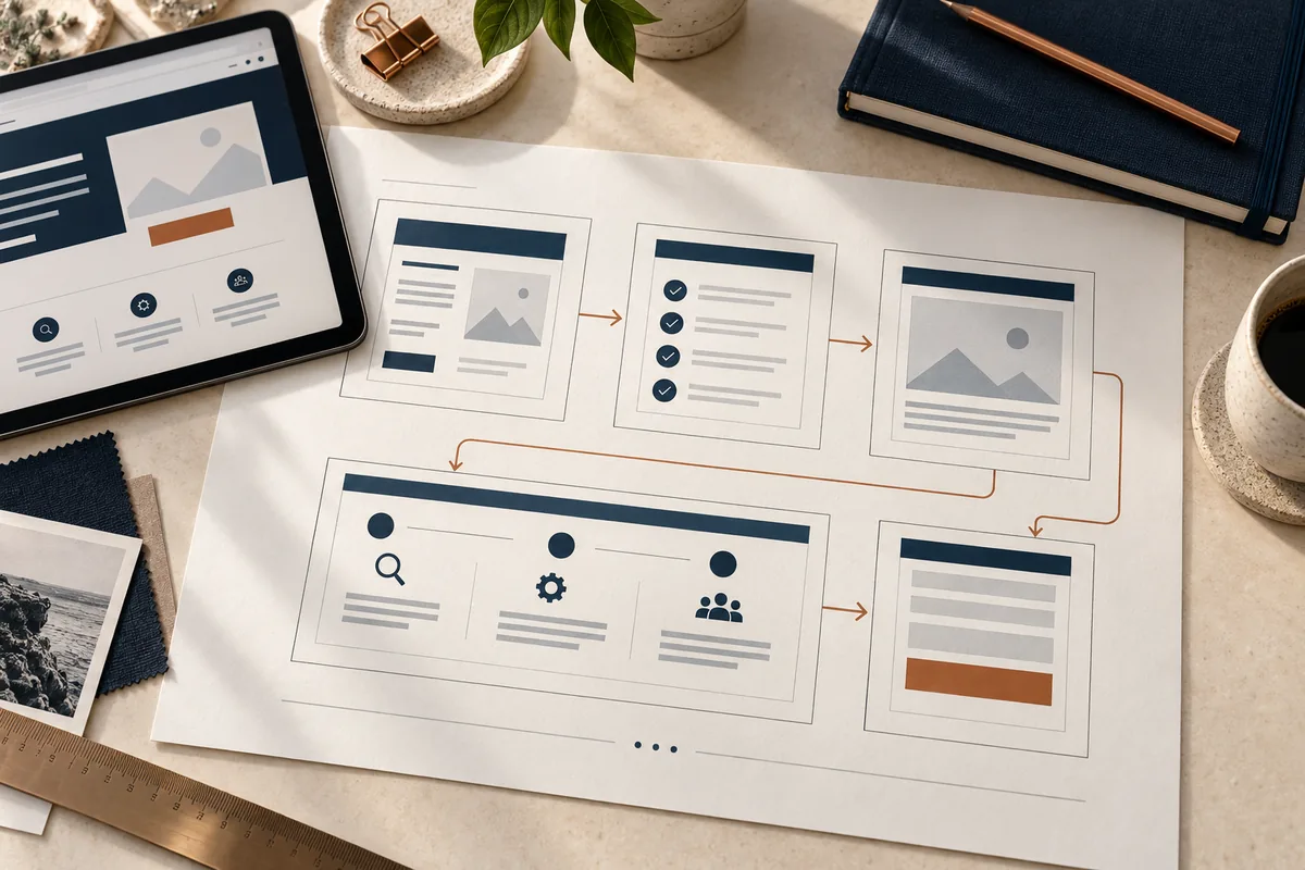 Service page wireframes showing scope, evidence, process steps, and a contact button connected by arrows.