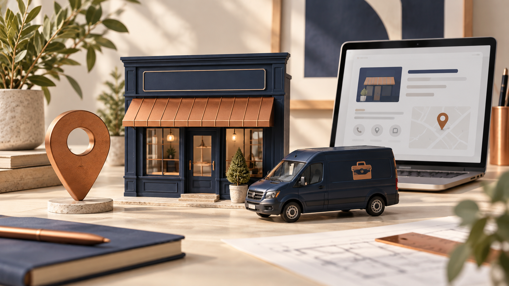 Miniature storefront, service van, and copper map pin beside a laptop displaying a business listing illustration.