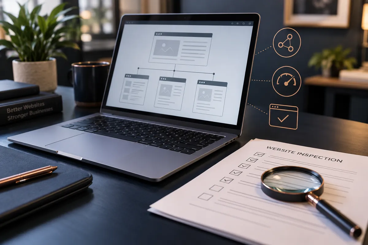 Laptop displaying a website page map beside an inspection checklist, with illustrated crawl, speed, and browser icons.