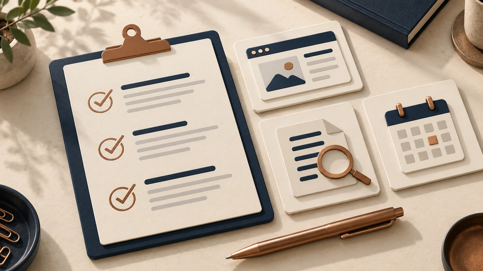 Illustration of a proposal checklist beside website, source-review, and calendar cards.