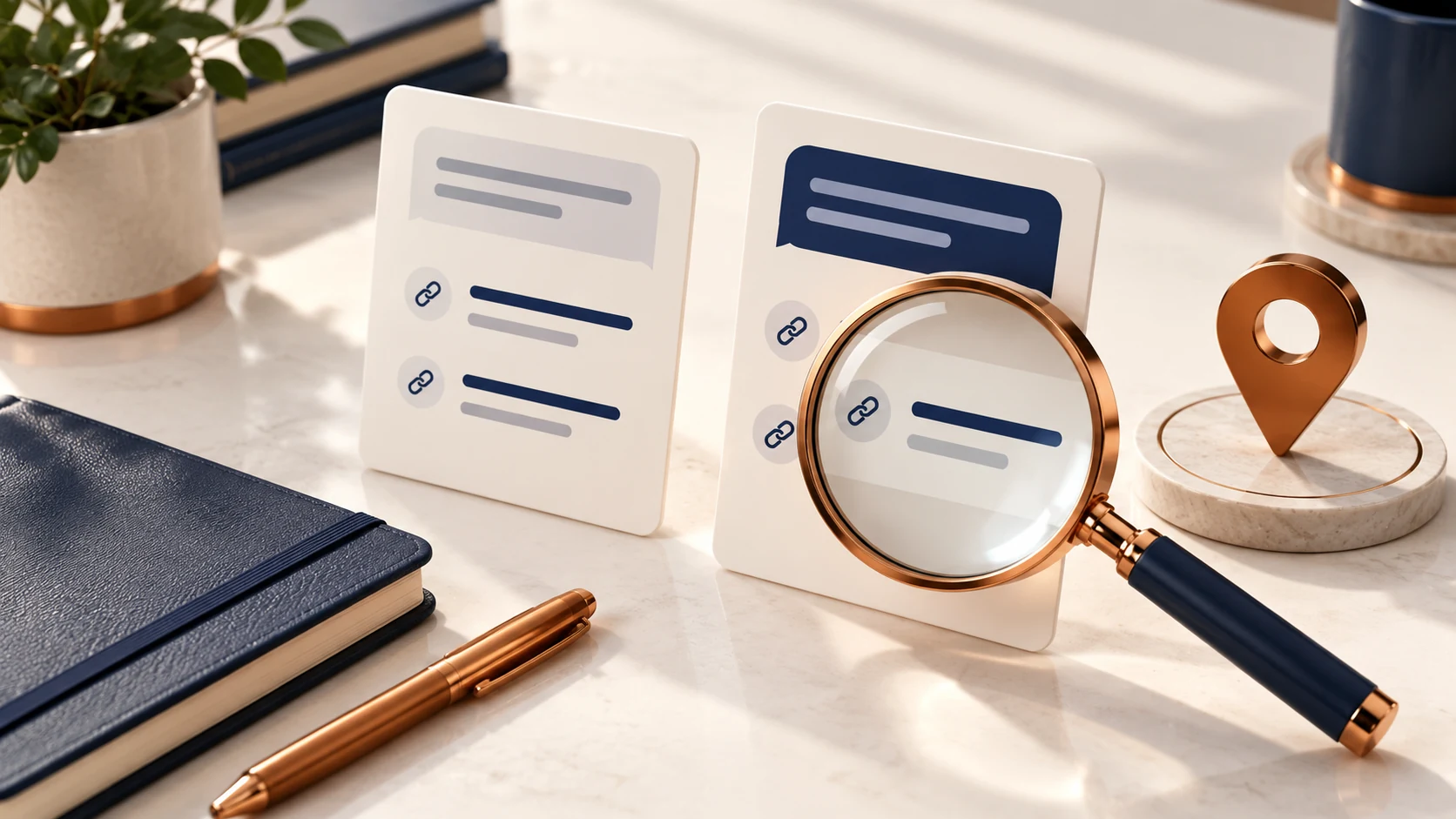 Magnifying glass inspecting source links on illustrated AI answer cards