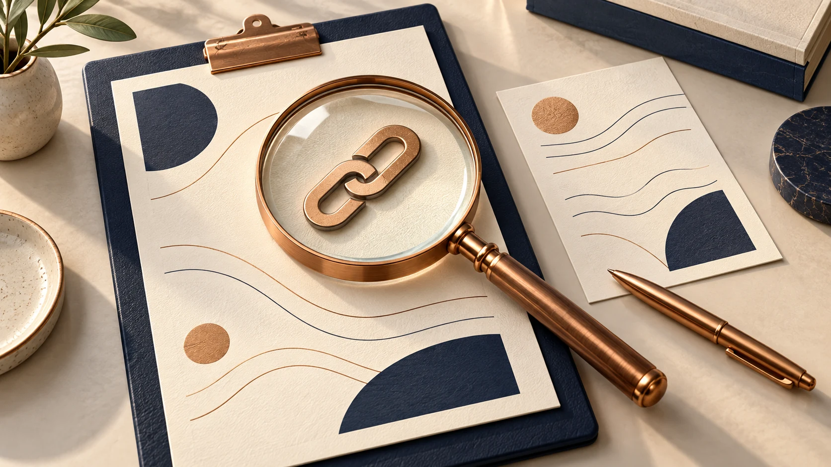 Magnifying glass inspecting a chain-link symbol on a document beside a source card.
