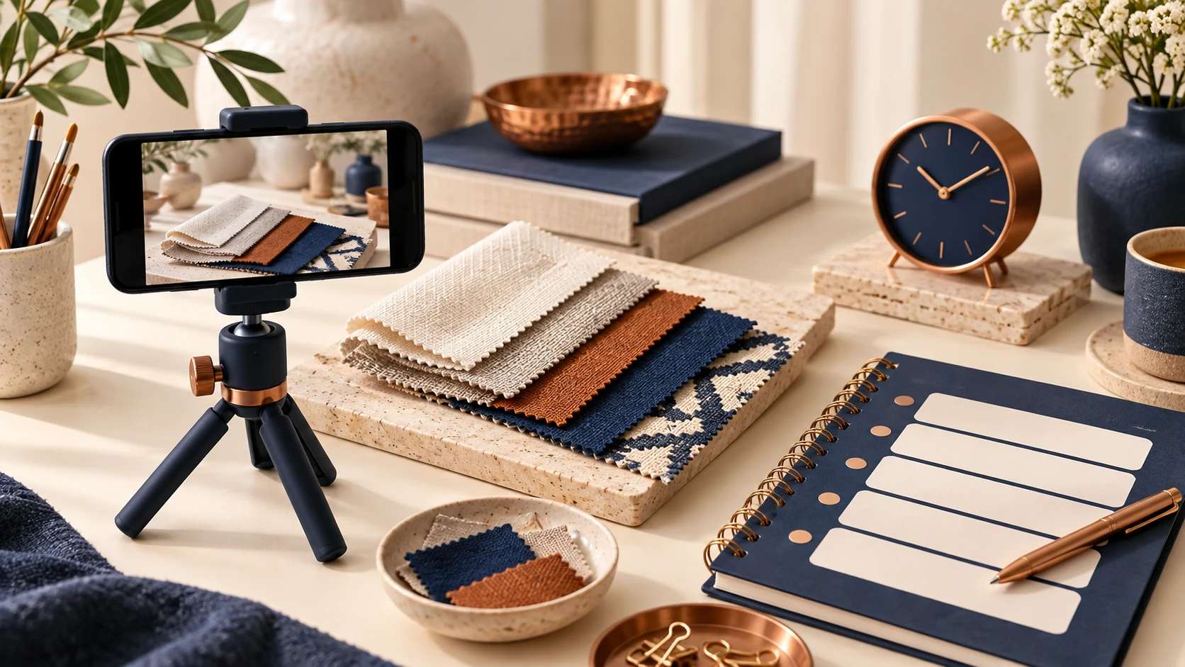 Smartphone on a tripod recording fabric swatches beside a planner and clock.