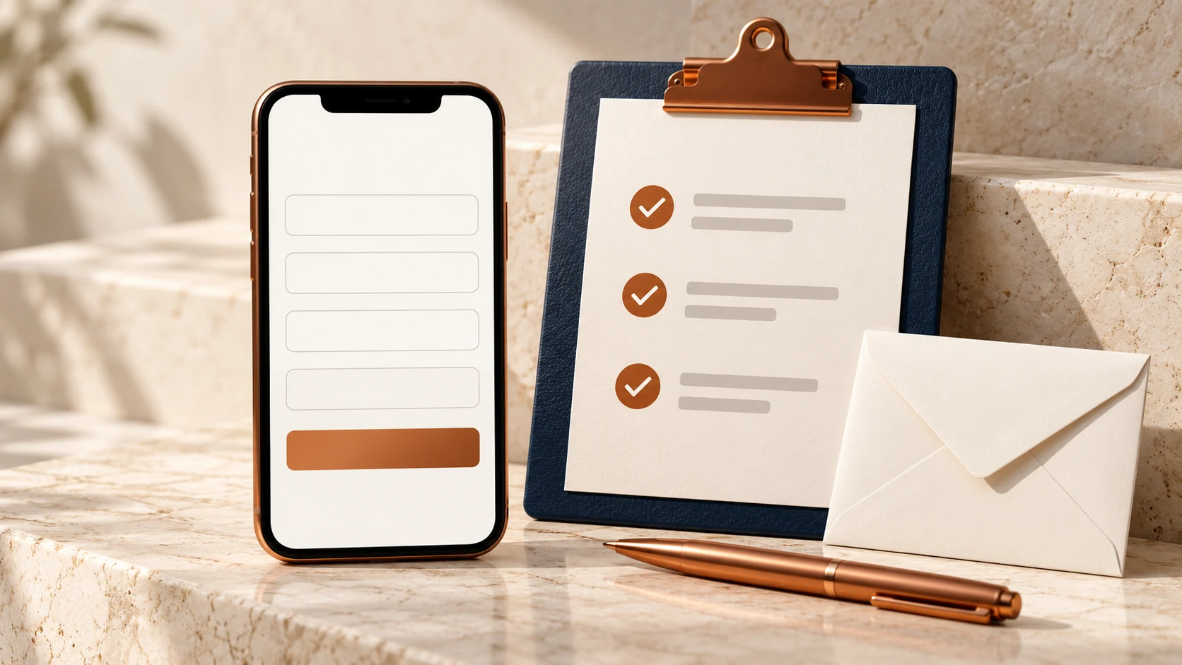 Illustration of a mobile contact form beside a checklist, envelope, and pen.