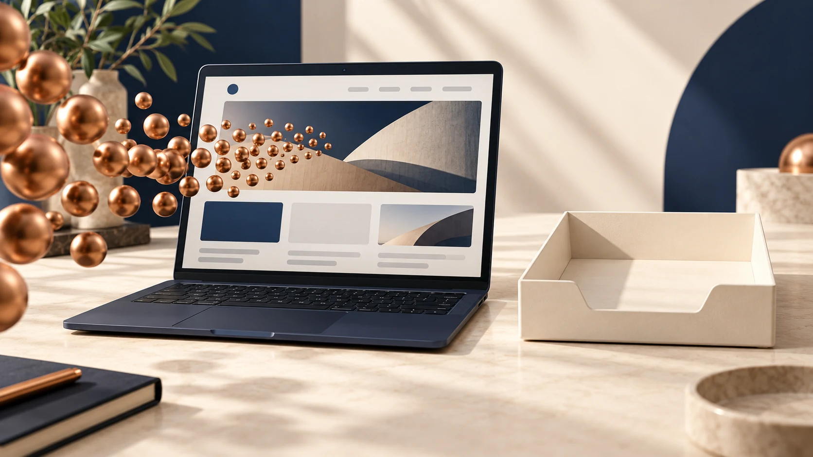 Illustration of website traffic arriving at a laptop beside an empty inquiry tray.